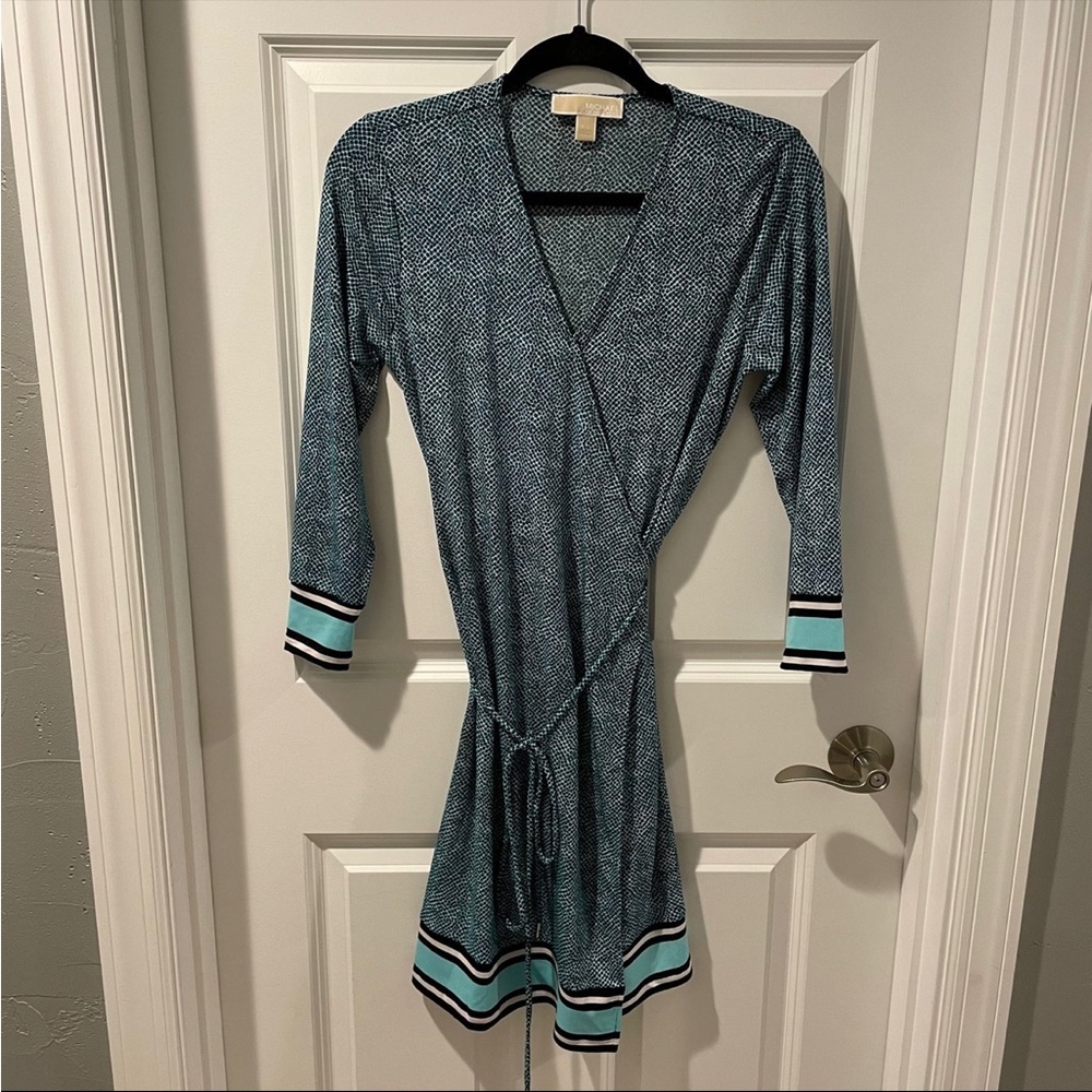 Petite Michael Kors Turquoise Blue Patterned Spring Summer Wrap Dress